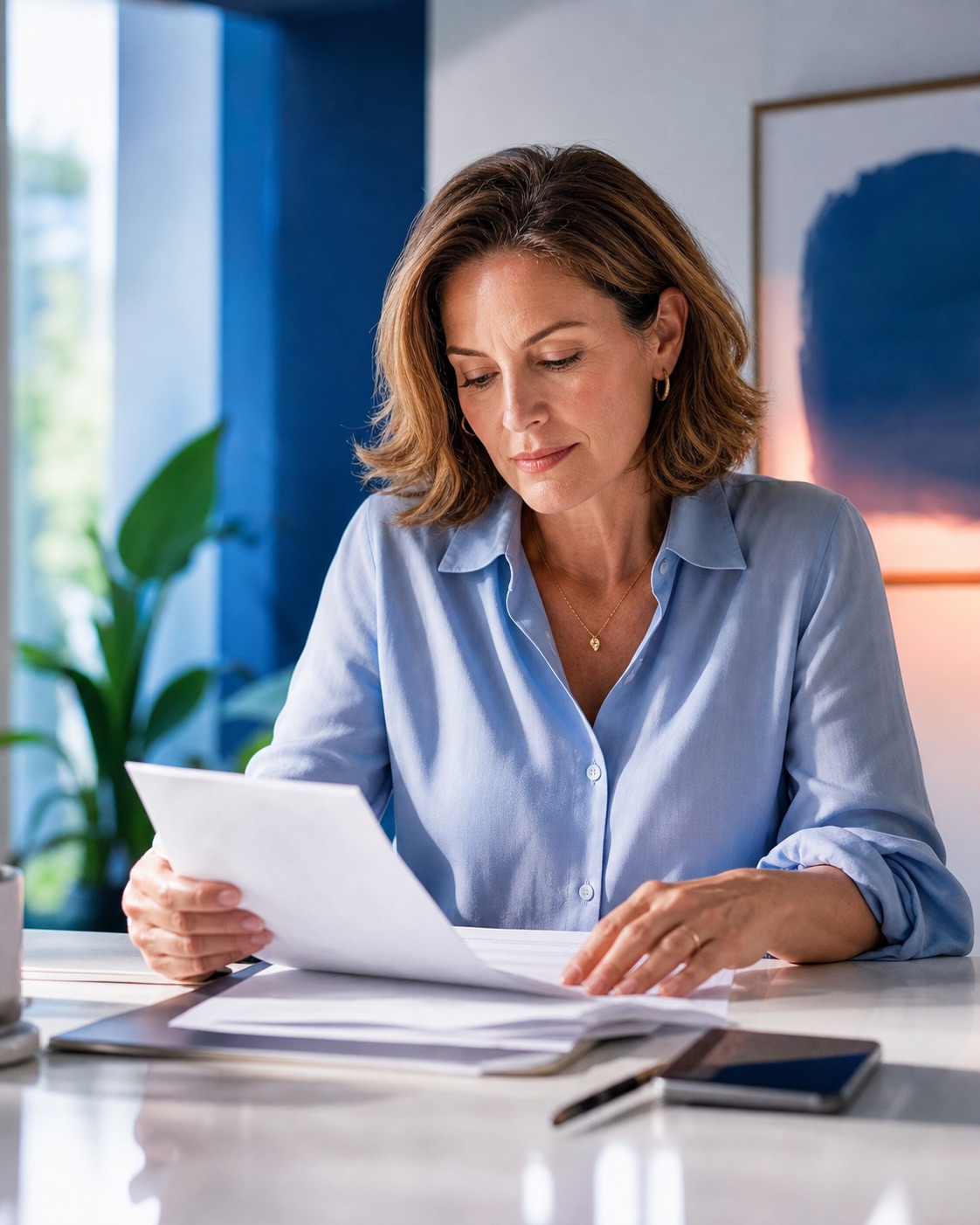 A person calmly working through an organized set of documents
