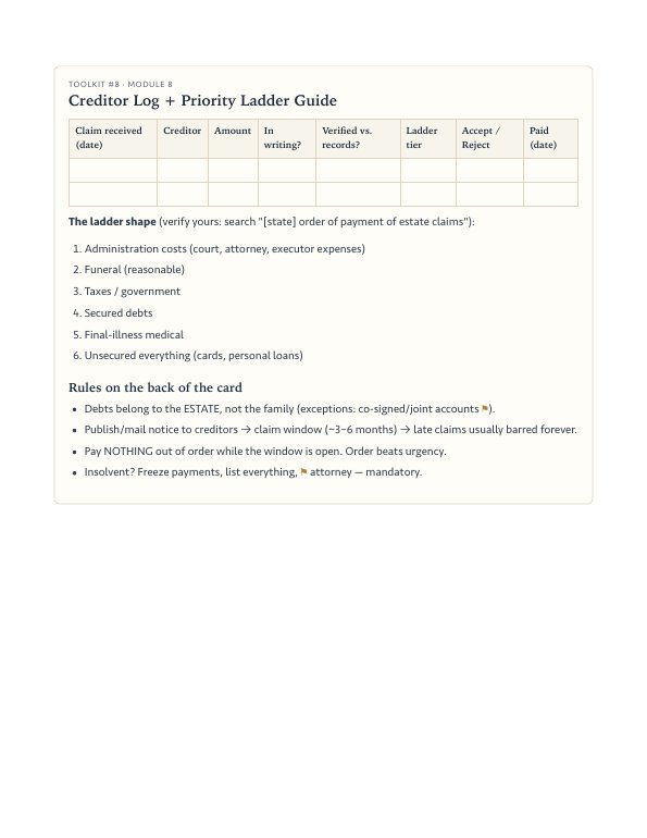 Toolkit — creditor log and payment priority guide